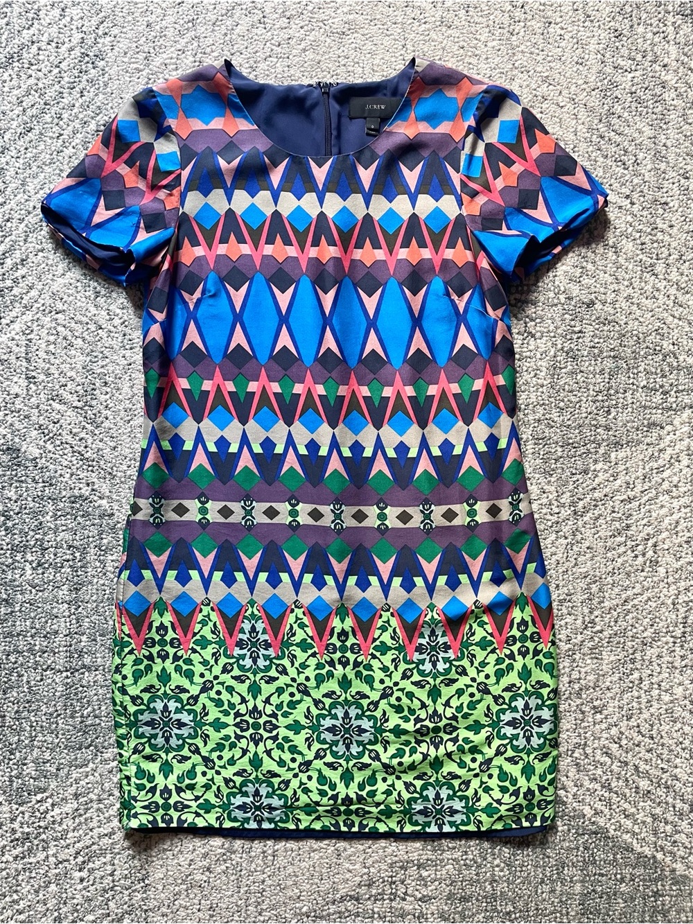 Vintage J. Crew Silk Shift Dress Geometric Geo Jewel Pattern Multicolor Sheath